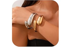 Inactwin Gold Bangle Bracelets for Women Chunky Cuff Bracelet 18K Gold Plated Open Teardrop Bangle Set Wide Wire Irregular Minimalist Silver Jewelry