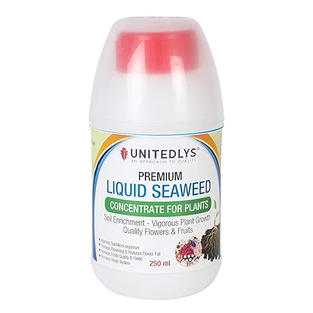Unitedlys Liquid Seaweed Concentrate for Plants 250 ml with Measuring Cup 25 ml Fertilizer for All Indoor and Outdoor Plants Promotes Plant Growth, Flowering, Fruiting