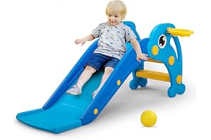 NYEEKOY 3 in 1 Toddler Slide, Baby Slide Plastic Climber Playset with Basketball Hoop and Ball, Indoor and Outdoor Playground for Kids