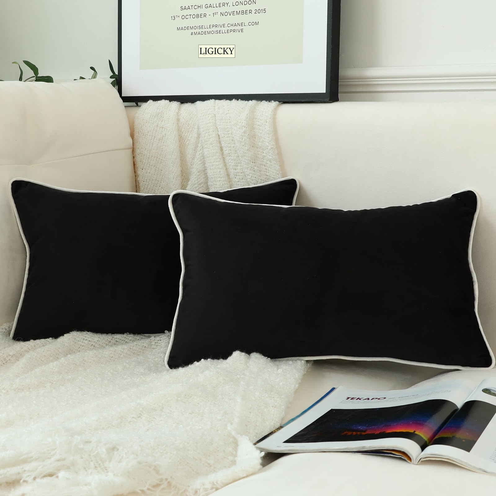 LIGICKY Set of 2 Black Velvet Lumbar Pillow Covers Modern Minimalist Style Solid Decorative White Rope Edging Soft Rectangle Cushion Cases for Sofa Bedroom Party Décor, 12 x 20 inch — image 1