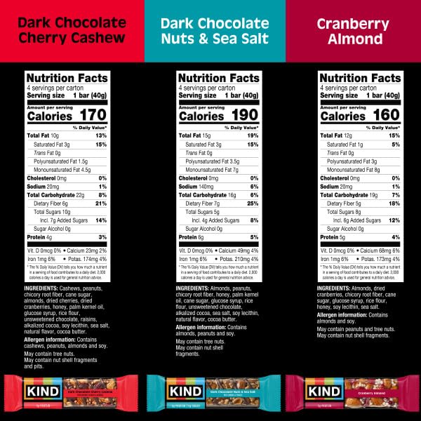 KIND HEALTHY SNACKS BARS VARIETY PACK, GLUTEN FREE, HIGH FIBER SNACKS, CRANBERRY ALMOND, DARK CHOCOLATE NUTS & SEA SALT, DARK CHOCOLATE CHERRY CASHEW, 4-6G PROTEIN, 12 COUNT