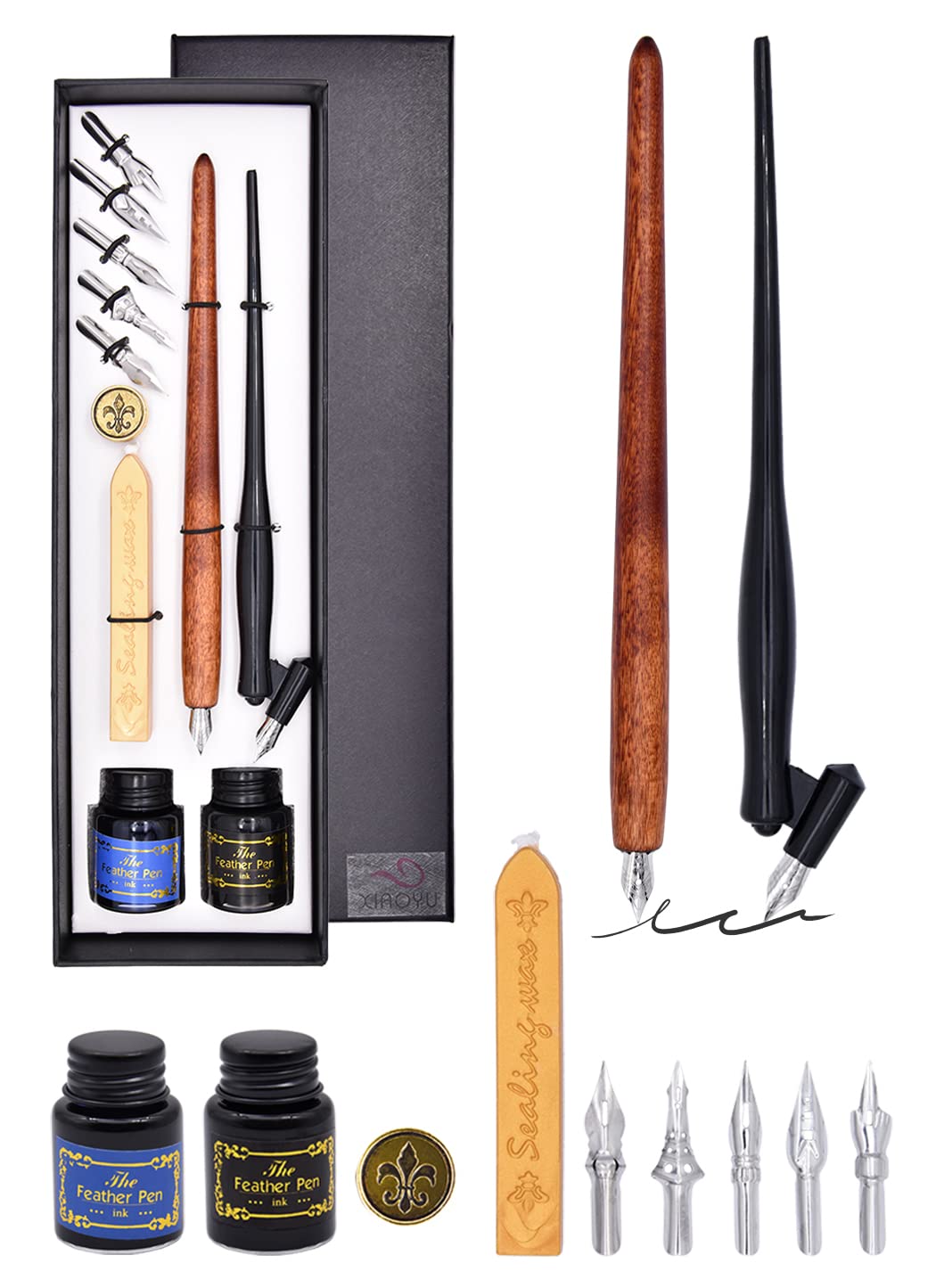 XIAOYU Vintage Woooden Dip Pen, Fountain Dip Pen, English Calligraphy Pen Set with Ink for Beginners, Brown