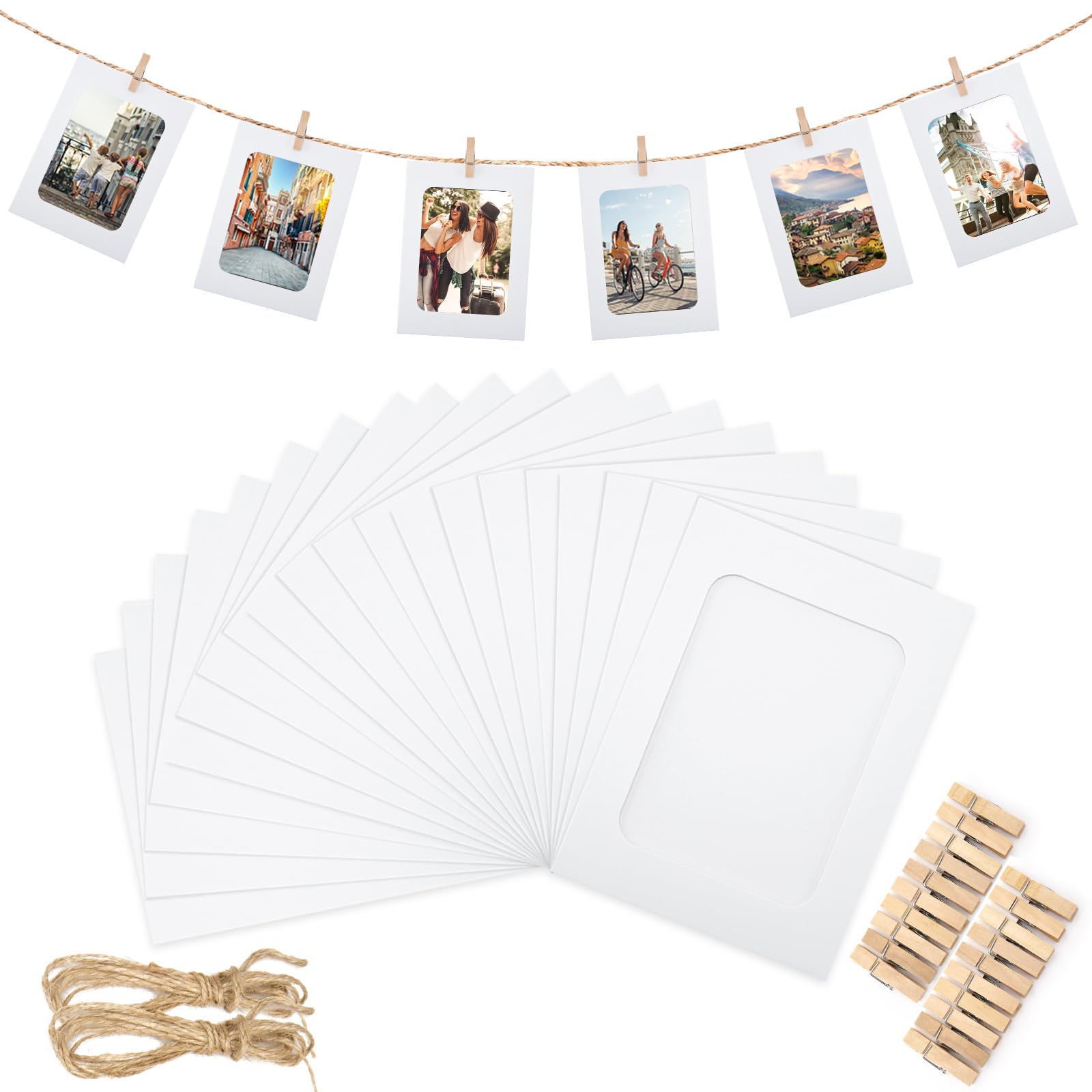 Photo 1 of jijAcraft 20Pcs Paper Photo Frames, 4x6Inch White Picture Display Holders, Cardborad Picture Frames with String and Clips, DIY Graduation Photo Hanging Banner for Home, Classroom, Offices