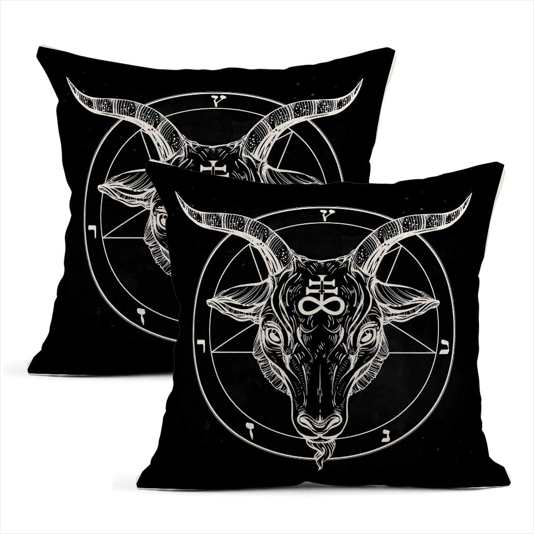 Xincow Set of 2 Cushion Covers Pentagram Demon Baphomet Satanic Goat Head Binary Symbol Tattoo Retro Music Home Durable Decorative Linen Pillowcases Square Throw Pillow Cases for Sofa 18x18 Inches