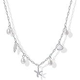 PAVOI 14K Gold Plated Beach Charm Necklace for Women - Dainty Paperclip Chain Trendy Beachy Multi Charm Necklace - Gold Ocean Summer Jewelry with Freshwater Pearl, Sea Shell, Starfish
