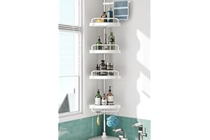 HAMITOR Corner Shower Caddy Tension Pole: Rust Proof 4Tier Shampoo Storage Organizer for Inside Shower - Telescoping Rod Shower Rack for Bathroom and Bathtub - Restroom Floor Standing Bath Rack Holder