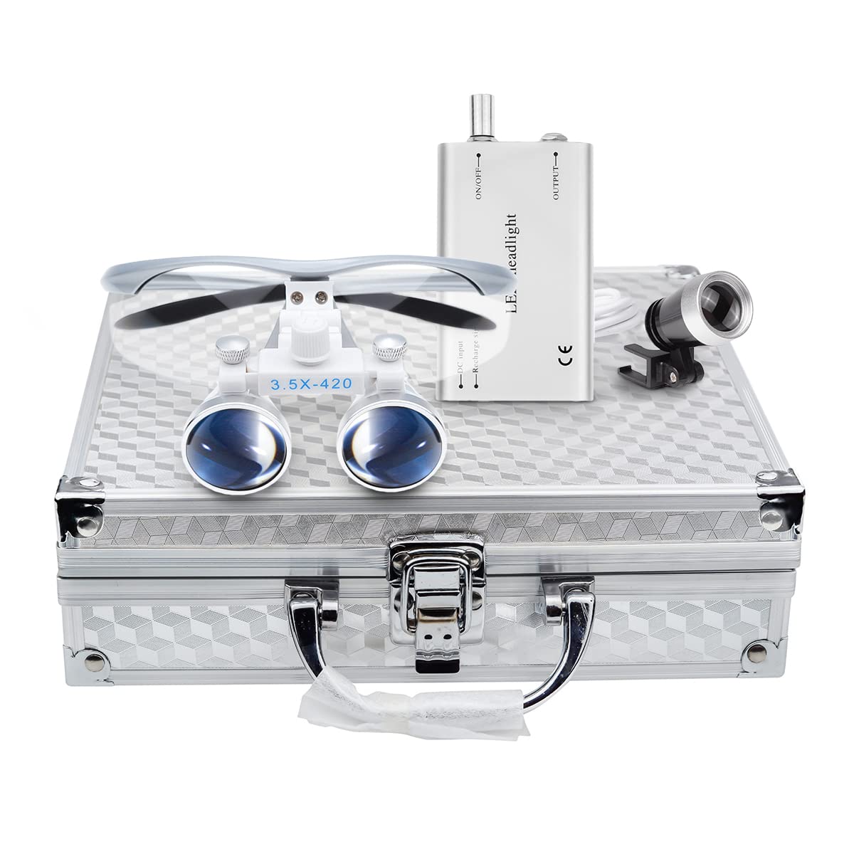 BoNew Dental 3.5X-420mm Surgical Binocular Loupes Magnifier Kit With LED Head Light Silver Aluminum Box Color