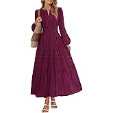 MEROKEETY Winter Spring Midi Dresses for Women 2026 Casual Vacation Long Sleeve V Neck Tiered Cotton Maxi Dress Pockets