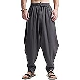 CLANMILUMS Men's Cotton Harem Pants Casual Loose Hippie Drop Crotch Trouser
