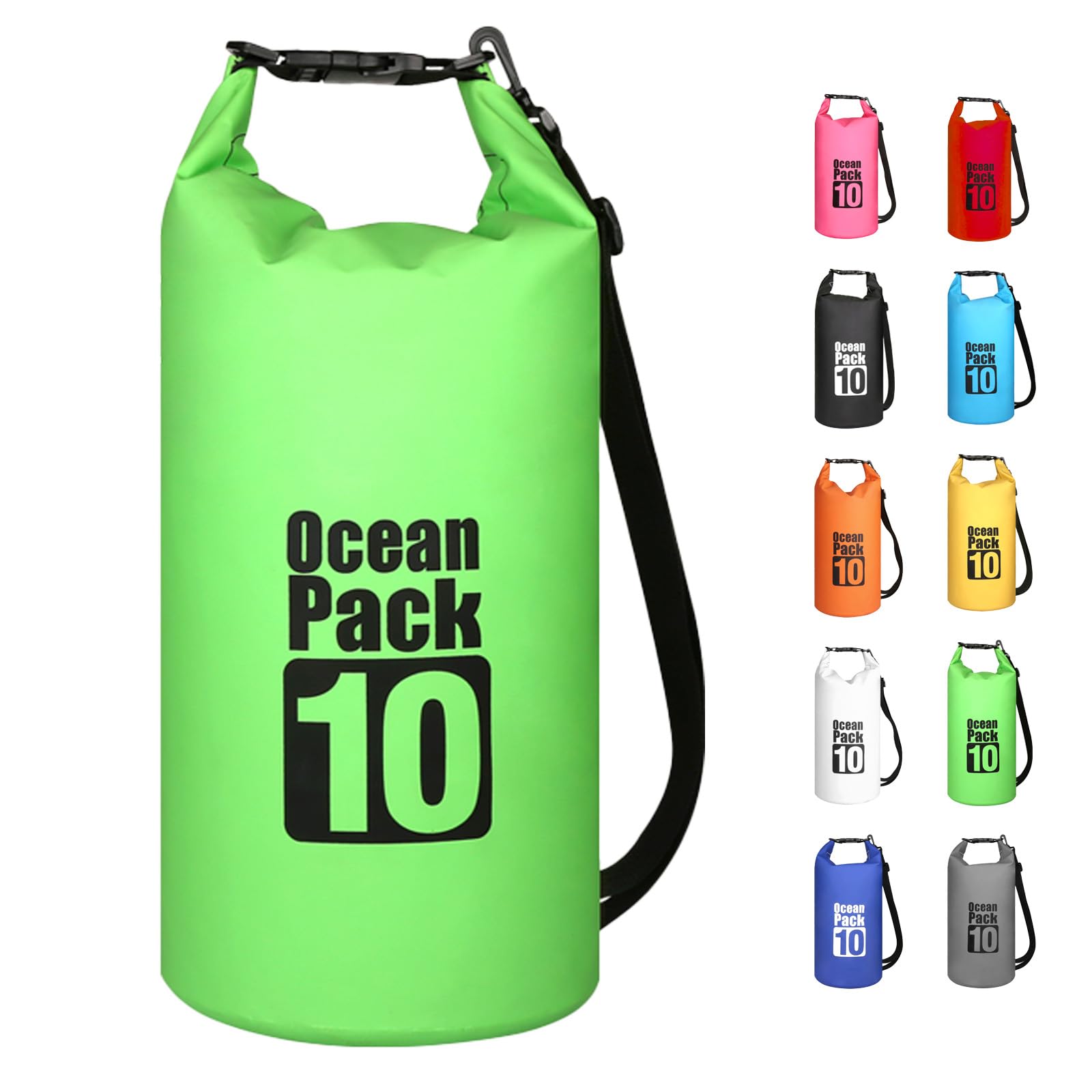 MORAINJAY 10L Green Dry Bag,Waterproof Bag with Single Adjustable Shoulder Strap,Middle Capacity Dry Sack 2L 5L 10L 15L 20L 30L for Outdoor Camping,Rafting,Swimming,Boating,Surfing