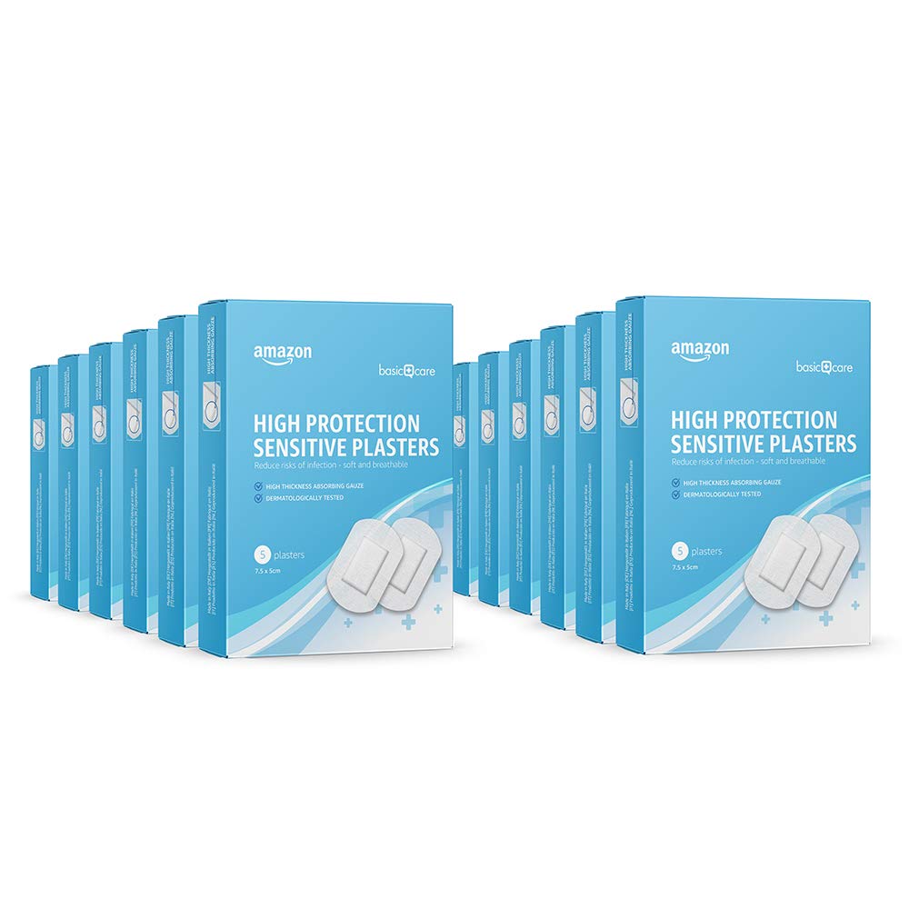Amazon Basic Care - Sensitive Non-Woven Plasters High Protection - 60 Count (12 Packs of 5), 7.5x5 cm