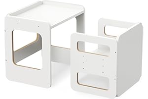 Tilhumt Toddler Table and Chair Set, Montessori Weaning Table and Chair Set, 3-Level Height Adjustable Chair & Activity Table with Toy/Food Fence, Step Stool for Feeding, Play, Learning