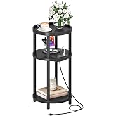 HOOBRO Small Round Side Table with Charging Station, 3-Tier Round Bamboo End Table, Compact Sofa Bedside Table for Small Space, Easy Assembly, for Living Room, Bedroom, Apartment, Black BB152UBZ01