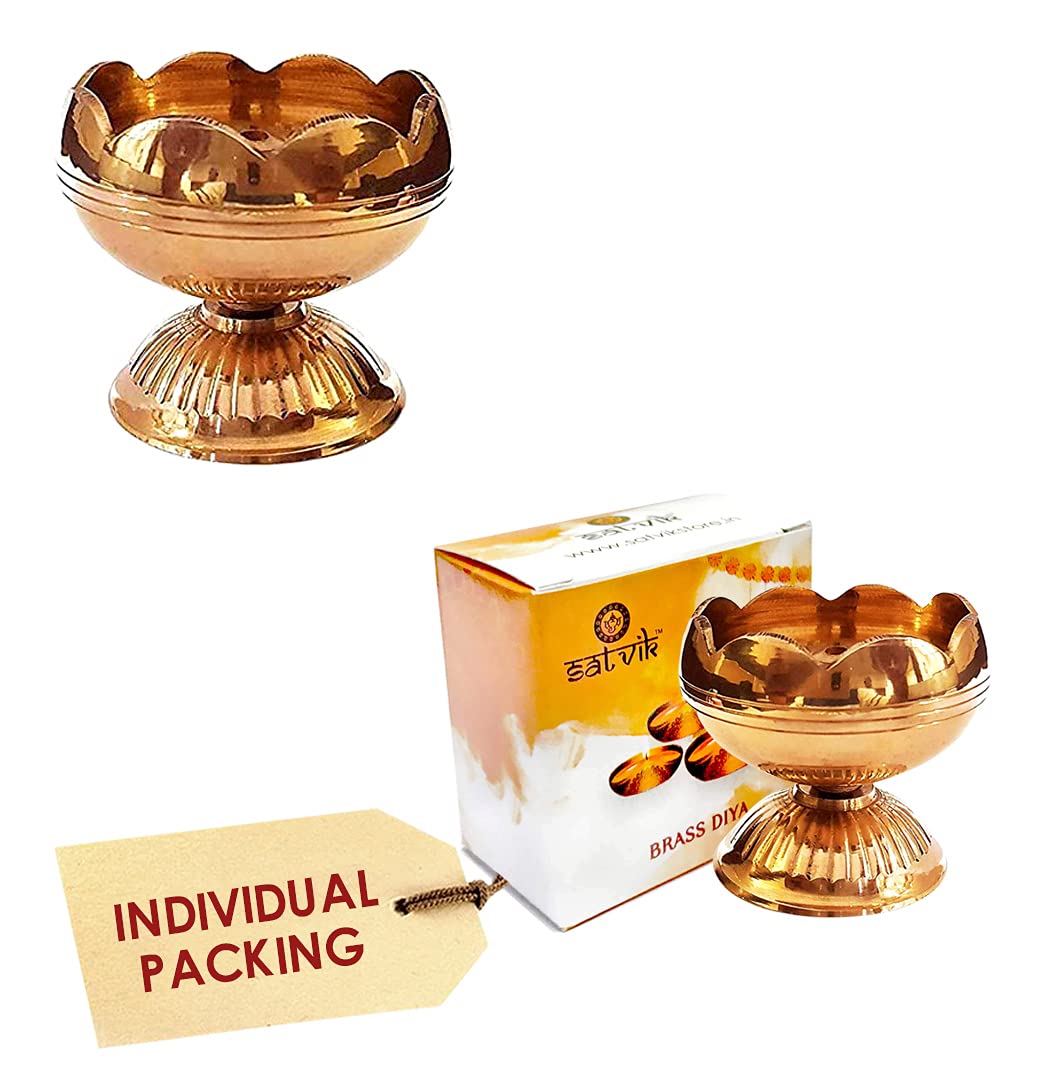 SATVIK 2 Pc Set Pure Virgin Brass Diwali Puja Jyoti Diya Indian Pooja Oil Lamp Dia Deepawali Diya/Oil Lamp/Candle Tea Light Holder/Diwali Decoration Indian Gift Items Bulk