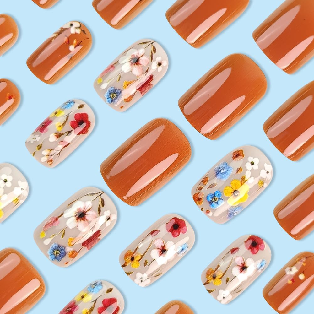 Flower Press on Nails Short Square Spring Nails Press ons Medium Orange Fake Nails with Floral Design Glue on Nails Glossy Floral False Nails Full Cover Acrylic Stick on Nails for Women Girls 24Pcs - Image 4
