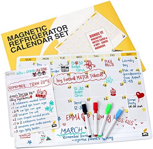 Magnetic Fridge Calendar - Dry Erase White Board Family Monthly Planner - Notepad and 4 Markers BONUS - 17"x12", by BeeOzon