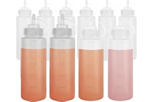 Acrux7 10 Pack 16oz Condiment Squeeze Bottles, Refillable Leakproof Sauce Bottles with Twist On Cap and Measurement, Plastic 