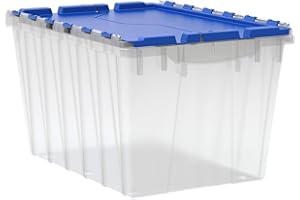Akro-Mils KeepBox 12 Gallon Storage Container, Nesting and Stackable Plastic Storage Box with Lid Attached, Clear Tote for Garages, Closets, and Moving, 21-1/2" x 15" x 12-1/2", Clear/Blue