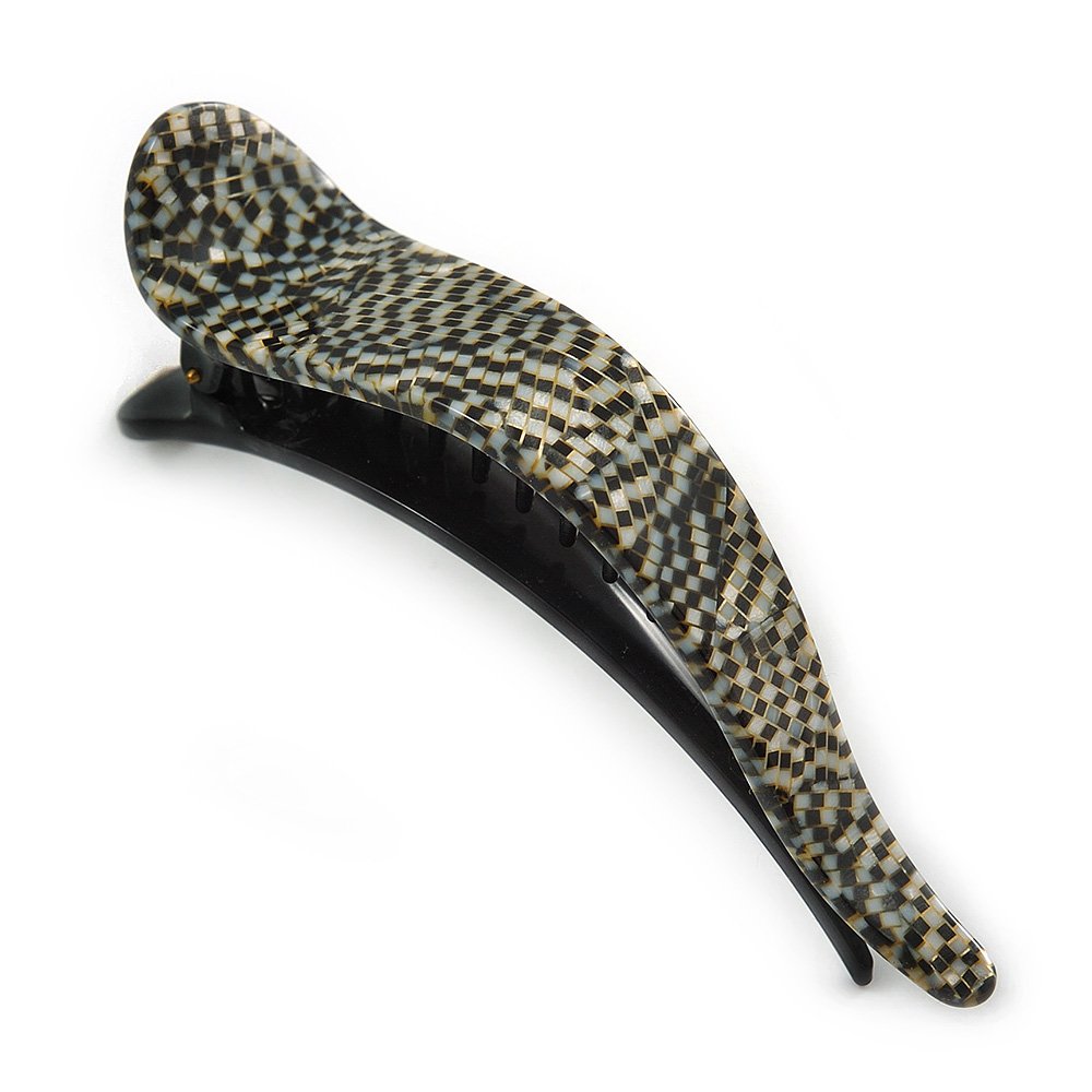 Mosaic Motif Curved Acrylic Hair Beak Clip/Concord Clip (Black/White) - 10cm Across