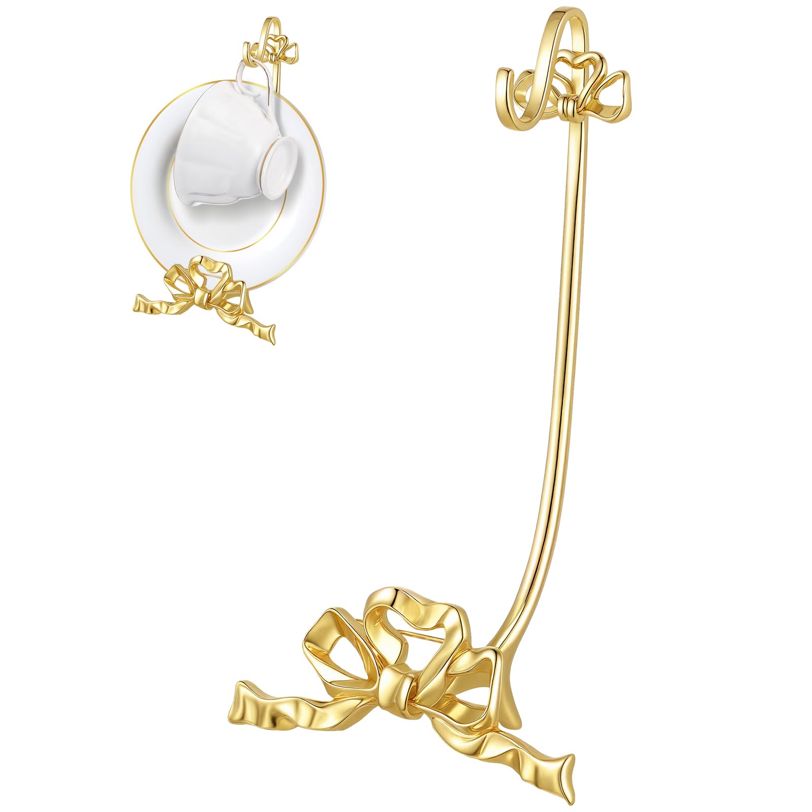 Photo 1 of Reallnaive Brass Tea Cup and Saucer Display Stand Vintage Bow Teacup Holders Plate Stand Mug Hooks Classic Durability Countertop Storage for Cabinet Kitchen Counter Bar(4.92 x 7.68 x 2.17 Inches)