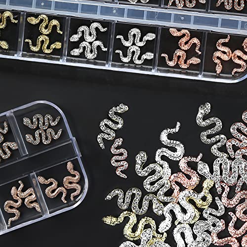 24 pcs/Box 3D Snake Nail Charms with Rhinestones, Gold Silver Snake