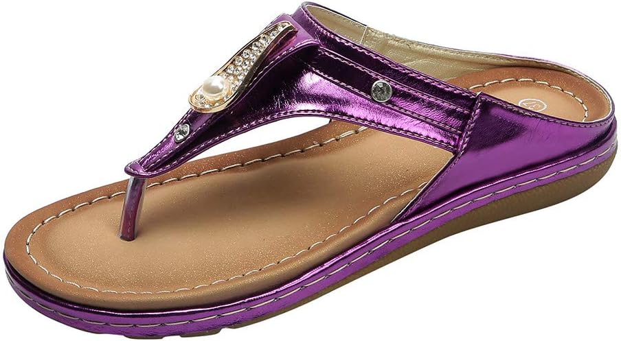 Women Rhinestone Flat Flip Flops, Oliviavan Casual Clip Toe Leather Non Slip Sandals Beach Shoes