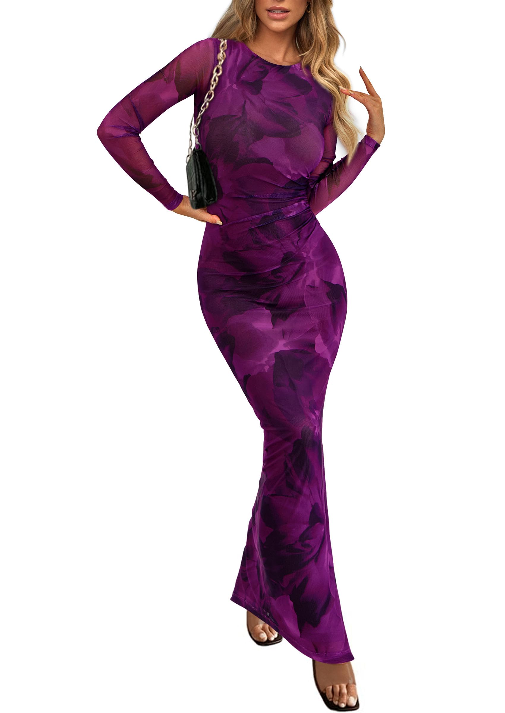 Photo 1 of PRETTYGARDEN Women's Bodycon Maxi Dress Fall Spring Fashion Long Sleeve Floral Print Tight Fitted Party Club Ruched Dresses (Print Purple,Large)