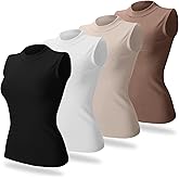 Toulite 4 Pack Women's Mock Turtleneck Sleeveless Tops Fleece Stretch Slim Fitted Mock Neck Tank Tops Winter Basic T Shirts