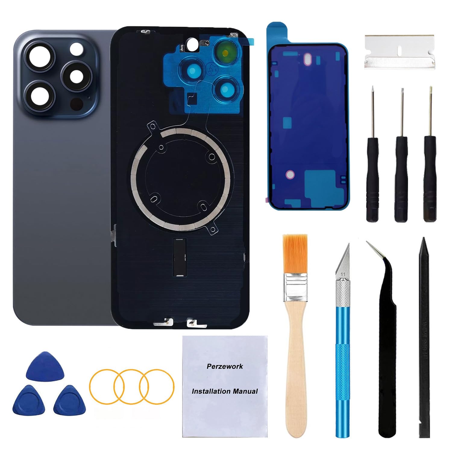 Photo 1 of Perzework Rear Back Glass Replacement for iPhone 15 Pro 6.1-inches + Pre-Installed Plate and Camera Frame + Reparing Toolkit (Blue Titanium)