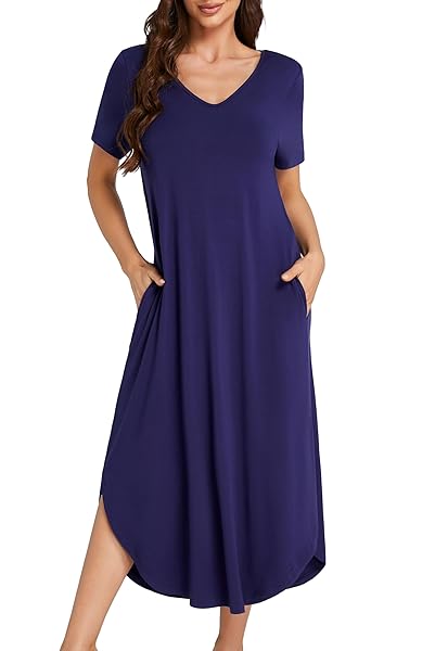 KIFOVEN WOMEN’S V NECK SHORT SLEEVE NIGHTDRESS SIDE SLIT IRREGULAR NIGHTGOWNS NAVY BLUE X-LARGE