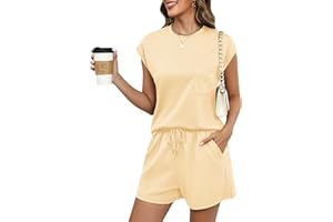 LOMON Two Piece Shorts Sets for Women Vacation Trendy Lounge Sets Crew Neck Matching Sets Cap Sleeve Airport Suits