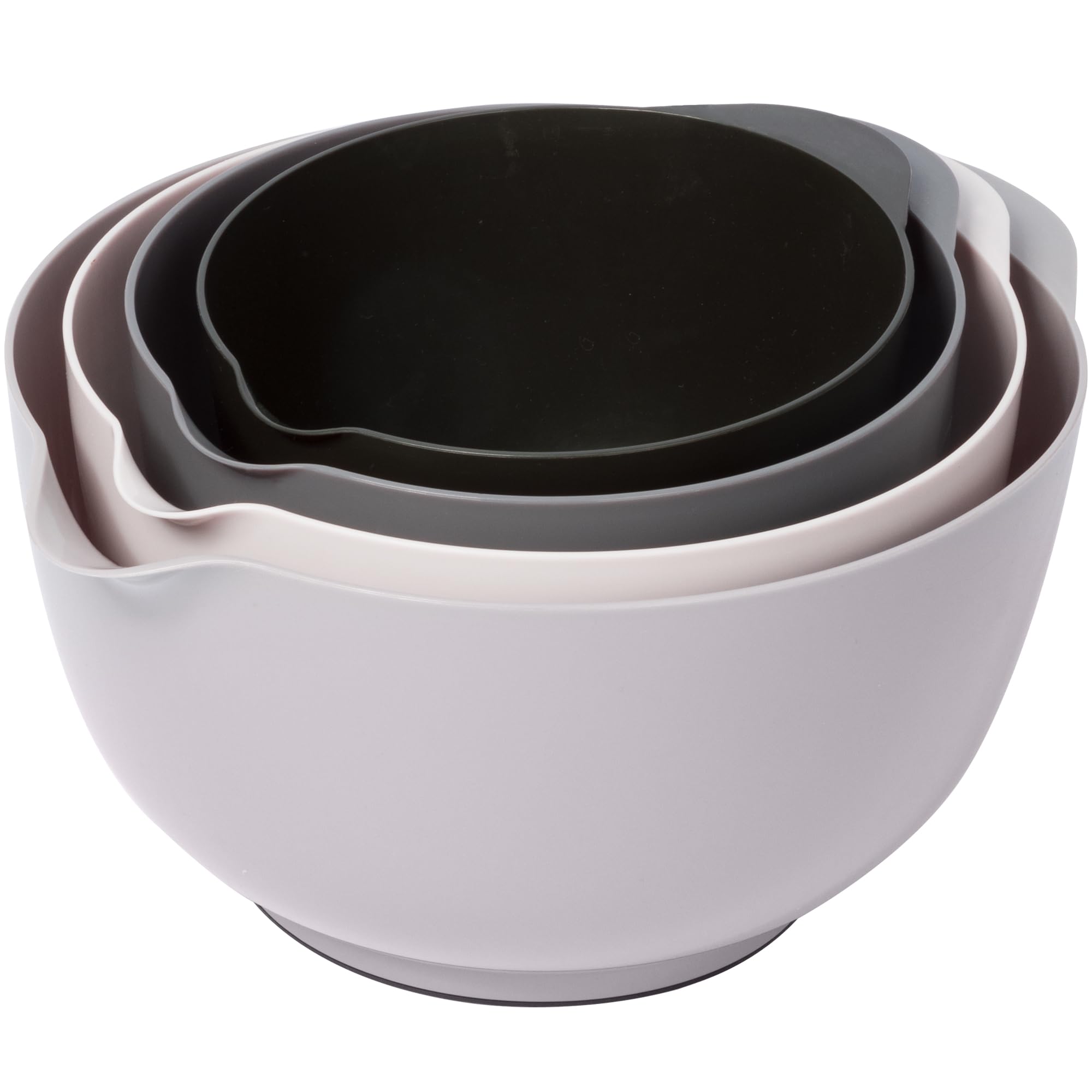 BoxedHome Grey Nesting Plastic Mixing Bowl Set with Pour Spout, Microwave and Dishwasher Safe, BPA Free Non-Slip Base, Set of 4 Size 1.7, 2.5, 3.5 and 4.5qt, Great for Prepping, Baking, Cooking