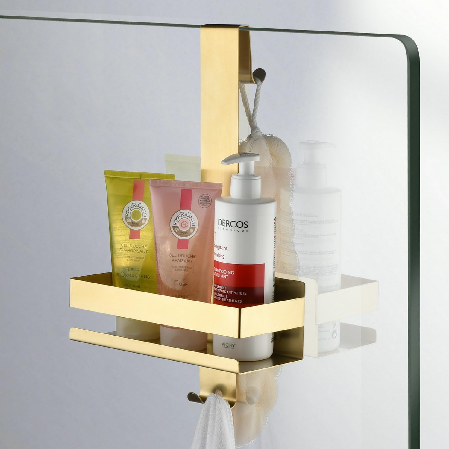 SHUNLI Shower Caddy Hanging Over Door - No Drilling Shower Organiser Stainless Steel Shower Shelves with Hooks - Gold Bathroom Shower Rack Basket Tidy Storage