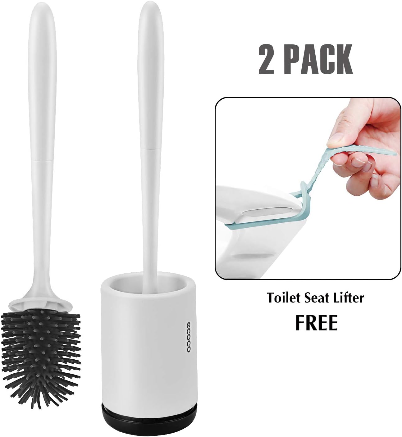 Rubber Toilet Brush and Holder, Soft Silicone Brush with Quick Drying Holder Set Pack with Toilet Seat Lifter