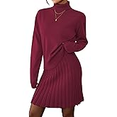 Pink Queen 2026 Women's 2 Piece Sweater Outfits Set Long Sleeve High Neck Top Pleated Mini Skirt Ribbed Knit