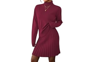 Pink Queen 2025 Women's 2 Piece Sweater Outfits Set Long Sleeve High Neck Top Pleated Mini Skirt Ribbed Knit