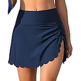 ANFILIA Women's High Waisted Swim Skirt Bottoms Ruched Scallop Trim Bathing Suit Skirts Split Tankini Swimsuit Bottom