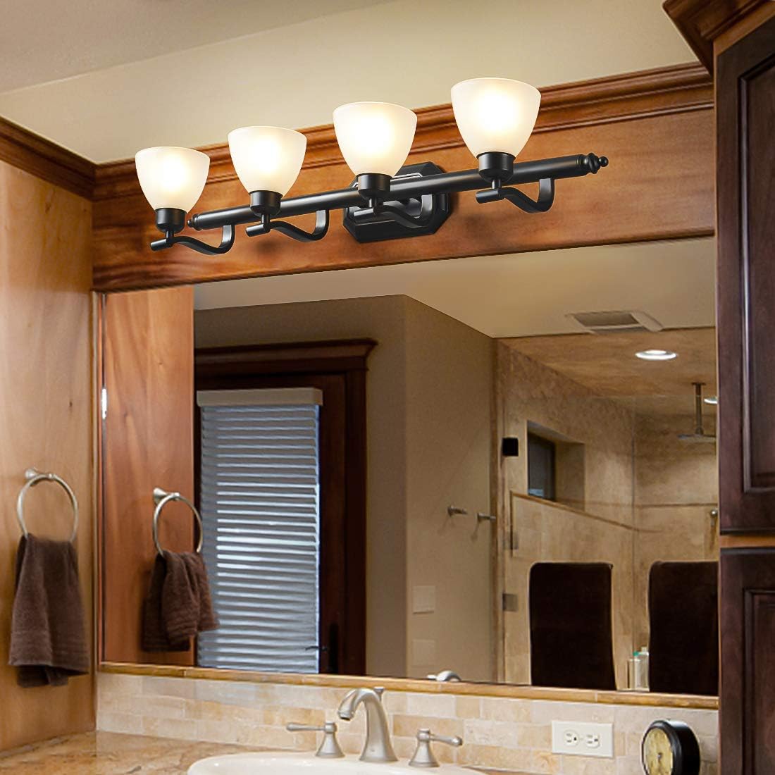 KODYE Vanity Lights, Classic Black Light fixtures, Bathroom Lights Over Mirror with White Frosted Glass Shade, Up and Down Bathroom Lights Perfect for Wall Mounted (Bathroom Vanity Lights 4 Lights): Home Improvement