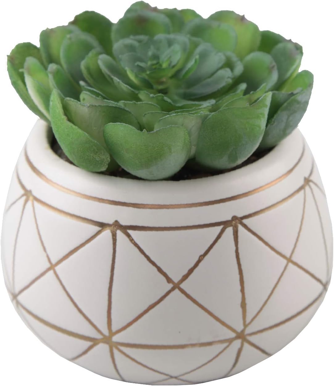 Flora Bunda Artificial Plant Artificial Succulent in 4 Inch Geometric Hand Painted Ceramic Planter, White Gold Line 4" Round