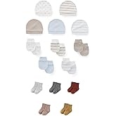 JELYLOVE 15 Pack Unisex New Born Boy Girls No Scratch Mittens Sets Cotton Soft Baby Gloves Hats socks Accessory 0-6 Months