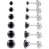 6 Pairs Stud Earrings Set, Hypoallergenic Cubic Zirconia Earrings 316L Stainless Steel CZ Earrings 3-8mm