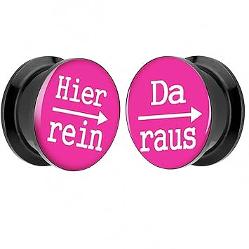 Piersando 1 Paar 2er Set Ohr Plug Piercing Kunststoff Flesh Tunnel Ohrplug mit Hier rein Da Raus Spruch Schwarz Motiv Comic Picture
