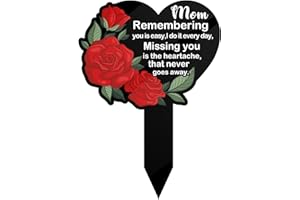 GREATINGREAT Heart Shaped Grave Markers for Cemetery Memorial Stakes for Outdoors Yard Cemetery Decorations for Grave Memorial Plaques for Loved Ones Garden Decor Mom Remembering is Easy Sign Red Rose Design