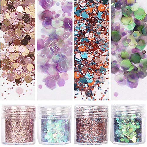 COKOHAPPY 8 Boxes Holographic Unicorn Cosmetic Festival Chunky Glitter Ultra-thin Sequins Iridescent Flakes Sparkles Hexagon Tips Mixed Paillette Face Eyes Body Hair Nail Art