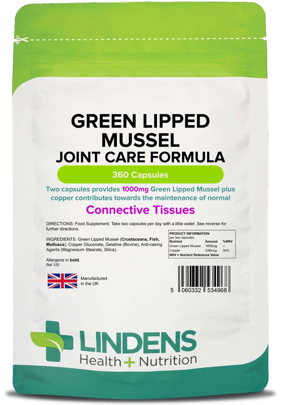 Lindens - Green Lipped Mussel 360 Capsules - with Copper, 1000mg Daily Intake, UK Made - Connective Tissues, Joint Care Formula - Rapid Release - Letterbox Friendly