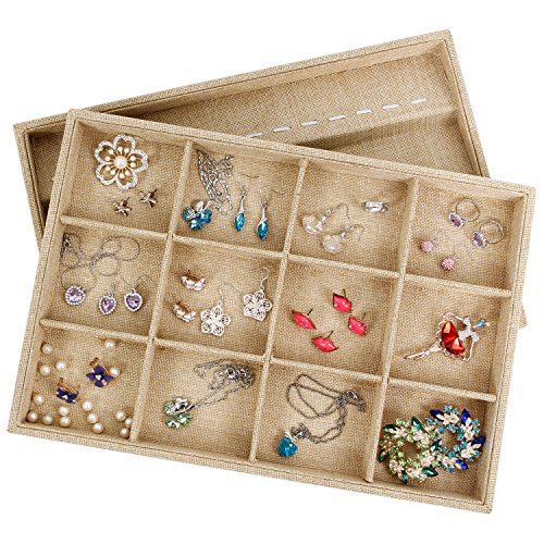 Valdler Sackcloth Stackable 12 Grid Jewelry Tray Showcase Display Organizer