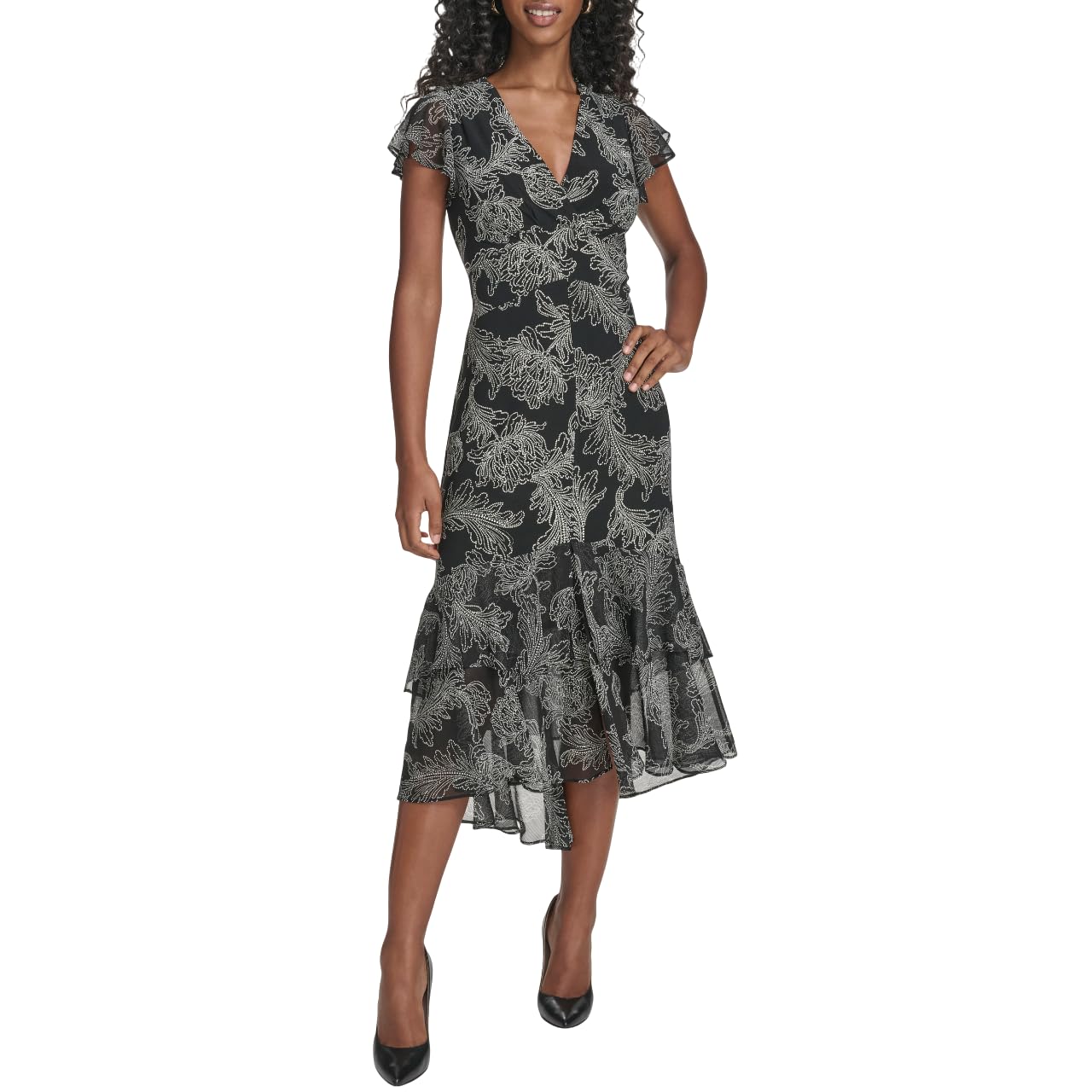 Tommy Hilfiger Women’s Flutter Sleeve V-Neck Ruffle Trim Hi Lo Midi Dress, Black/Ivory, 10