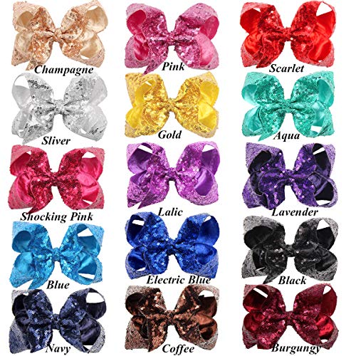15Pcs Bling 6 Inch Hair Bows Large Big Sparkly Glitter Sequin Bows Alligator Hair Clips for Baby Girls Toddlers Kids Children Teens