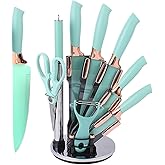 Knife Set, 9Pieces Stainless Steel Non Stick Kitchen Knife Block Set, Sharp Cutlery Knives Set with Sharpener Knives Set with Rotatable Storage Stand Scissors (Teal)