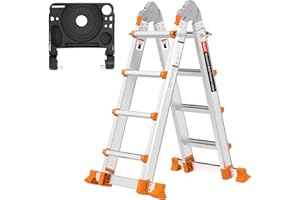 Valeo Ladder 14FT, Multi Position 4 Step Ladder Extension, Anti-Slip A Frame Folding Ladder with Removable Tool Tray, 330lbs Adjustable Telescopic Aluminum Ladders for Stairs Home Indoor Outdoor Roof